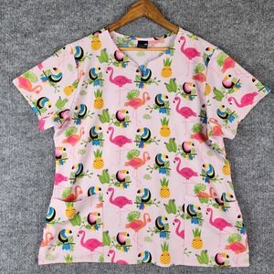 Zoe + Chloe Scrub Top Women Flamingo Toucan Tropical Print Pink V-Neck XL